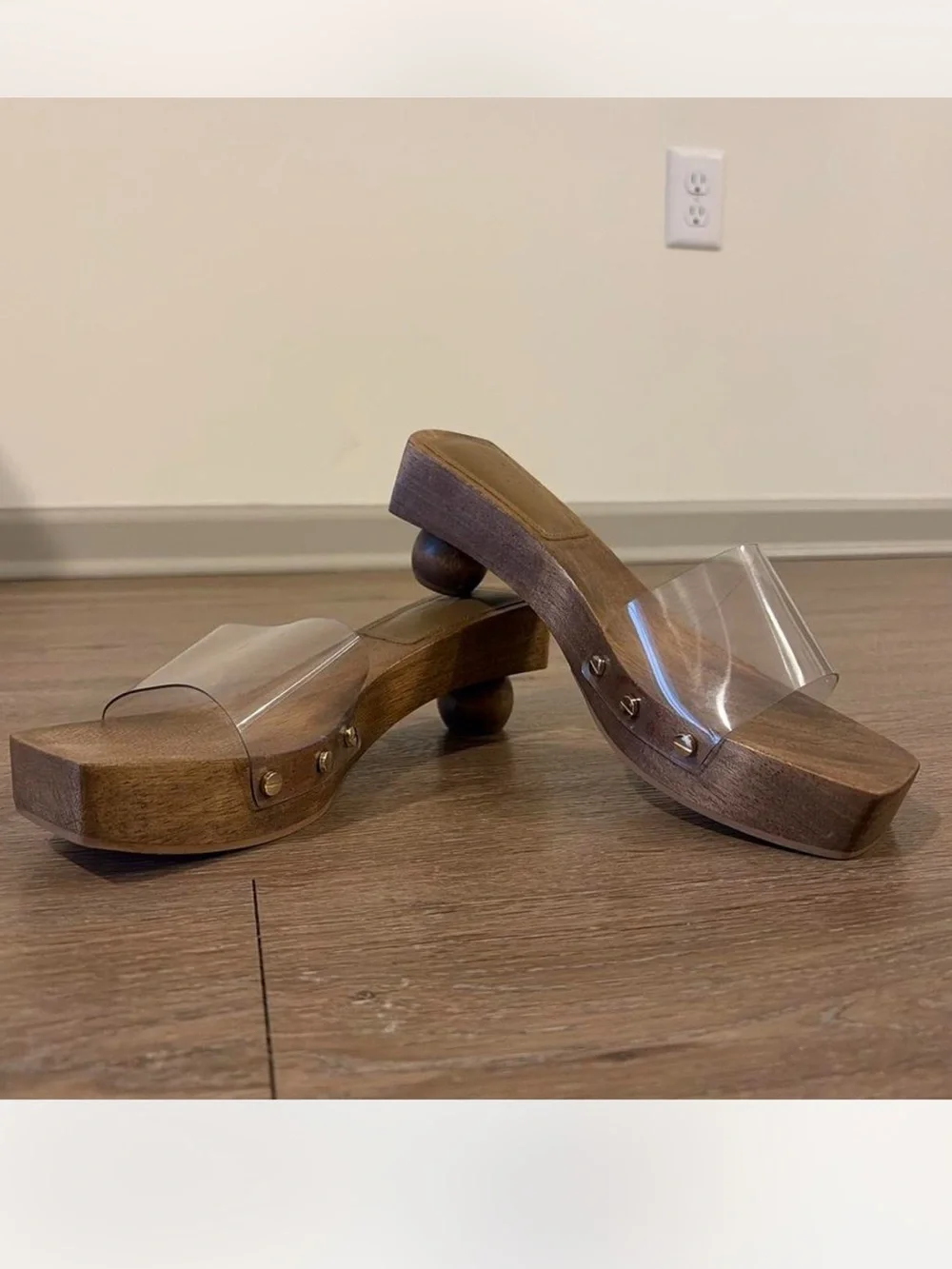 cult gaia Clear Vinyl Slide Sandal with Wood Heel and Gold Studs